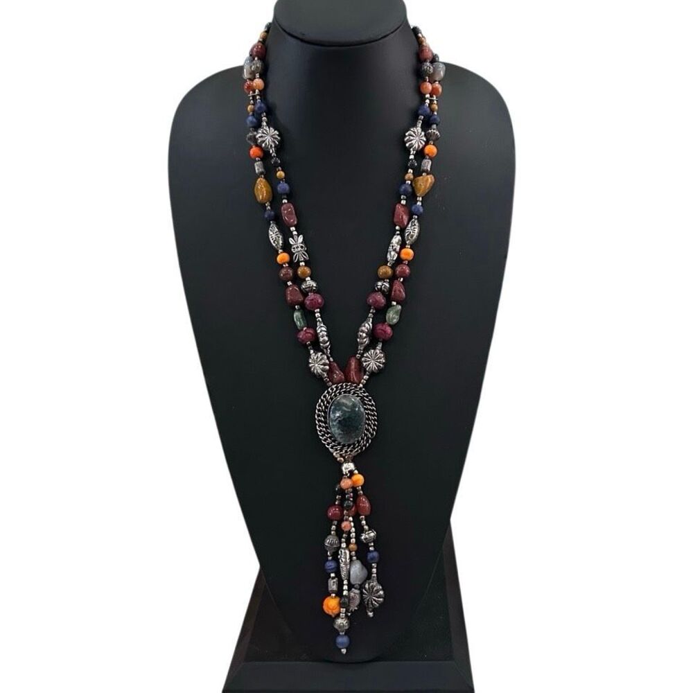 Vintage Tassel Beaded Necklace Multicolor Beads Double-strand W/ Stone Pendant